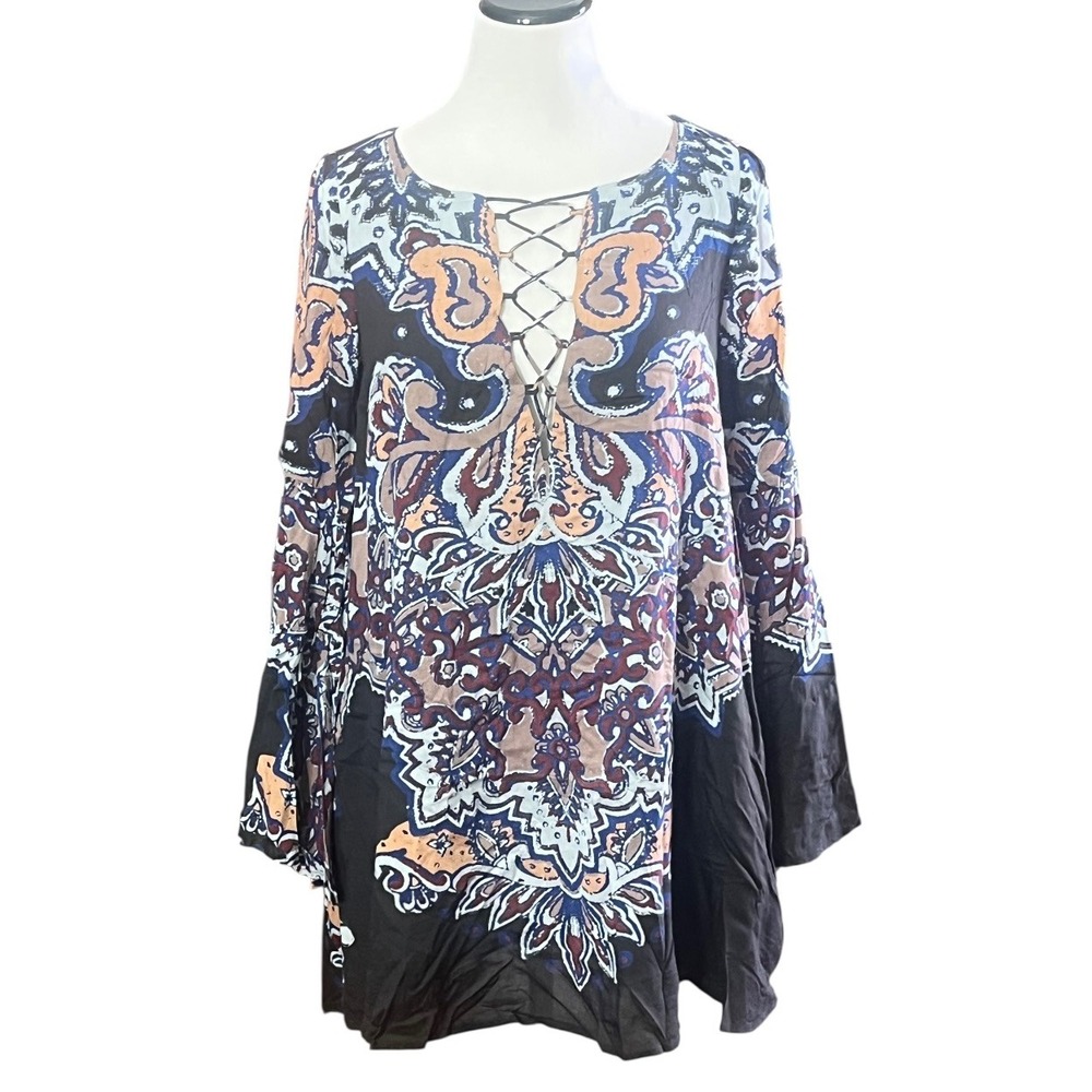 Free People Paisley Lace Up Bell Sleeve Tunic Top Black Blue XS OB520625